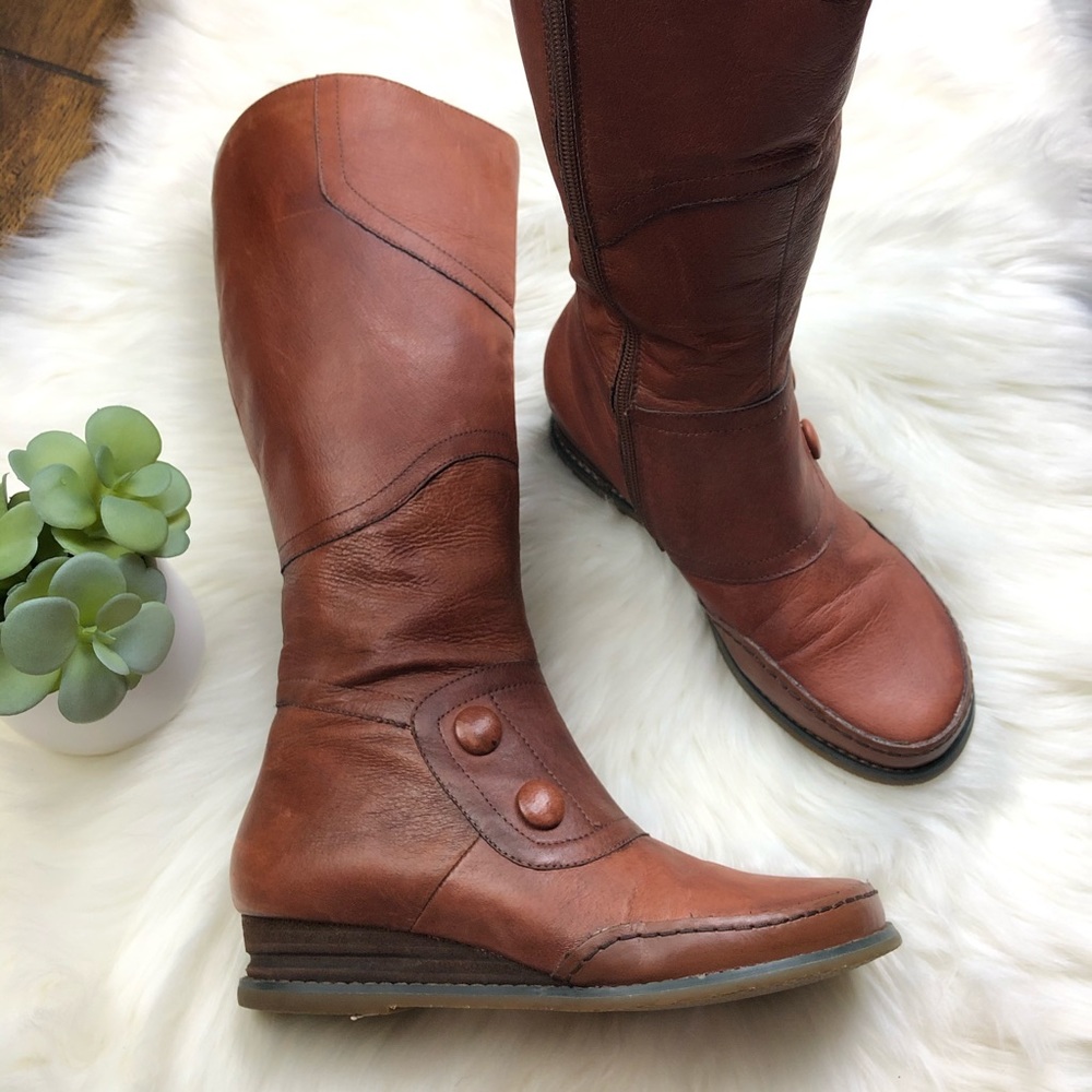 Miz Mooz Bongo Brown Leather Tall Wedge Boots sz 7